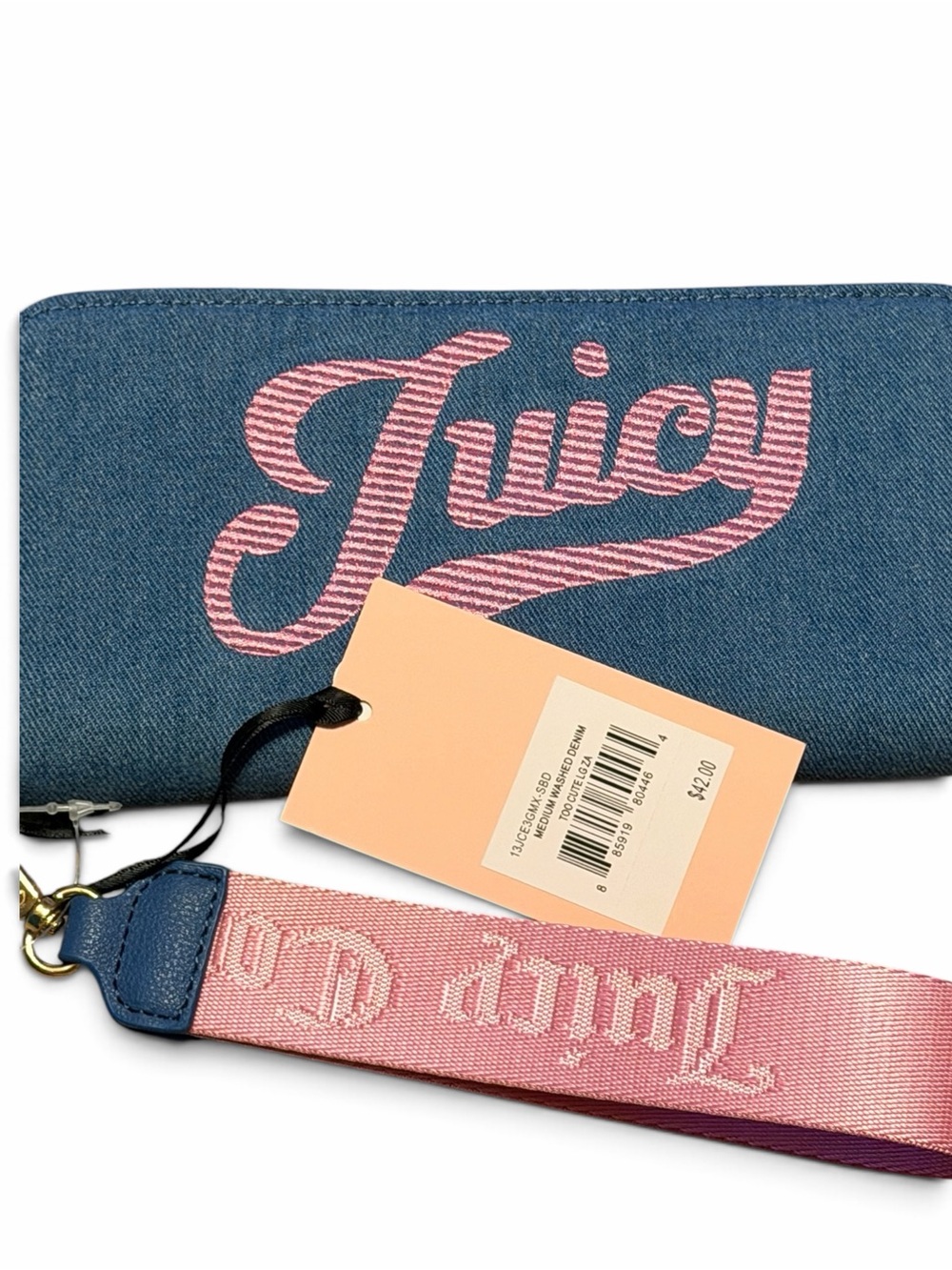 Juicy Couture Blue Denim Wristlet with Pink Logo Strap